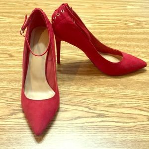 Red faux suede heels
